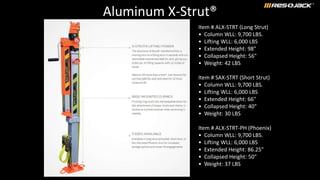 Aluminum X-Strut®
Item # ALX-STRT (Long Strut)
• Column WLL: 9,700 LBS.
• Lifting WLL: 6,000 LBS
• Extended Height: 98"
• Collapsed Height: 56"
• Weight: 42 LBS
Item # SAX-STRT (Short Strut)
• Column WLL: 9,700 LBS.
• Lifting WLL: 6,000 LBS
• Extended Height: 66"
• Collapsed Height: 40"
• Weight: 30 LBS
Item # ALX-STRT-PH (Phoenix)
• Column WLL: 9,700 LBS.
• Lifting WLL: 6,000 LBS
• Extended Height: 86.25"
• Collapsed Height: 50"
• Weight: 37 LBS
 