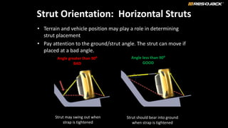 Angle less than 90⁰
GOOD
Angle greater than 90⁰
BAD
Strut Orientation: Horizontal Struts
• Terrain and vehicle position may play a role in determining
strut placement
• Pay attention to the ground/strut angle. The strut can move if
placed at a bad angle.
Strut may swing out when
strap is tightened
Strut should bear into ground
when strap is tightened
 
