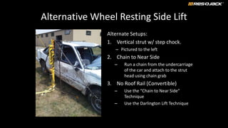 Alternative Wheel Resting Side Lift
Alternate Setups:
1. Vertical strut w/ step chock.
– Pictured to the left
2. Chain to Near Side
– Run a chain from the undercarriage
of the car and attach to the strut
head using chain grab
3. No Roof Rail (Convertible)
– Use the “Chain to Near Side”
Technique
– Use the Darlington Lift Technique
 
