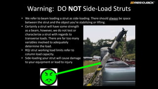 Warning: DO NOT Side-Load Struts
• Certainly a strut will have some strength
as a beam, however, we do not test or
characterize a strut with regards to
transverse loads. There are far too many
variables involved to adequately
determine the load.
• RQJ strut working load limits refer to
column load capacity.
• Side-loading your strut will cause damage
to your equipment or lead to injury.
• We refer to beam loading a strut as side-loading. There should always be space
between the strut and the object you’re stabilizing or lifting.
 