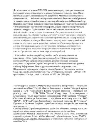 До підготовки до нового 2020/2021 навчального року використовувалися
батьківські, спонсорськікошти та кошти Паланської сільської ради. На всі
матеріали додається підтверджуючідокументи. Матеріали використані за
призначенням. Зміцнення матеріально-технічної бази школи відбувається
за рахунок спонсорськоїдопомоги, допомогибатьків,коштів Паланської с/р.
Постійно піклуємось питанням зміцнення матеріально-технічної бази закладу
через співпрацю з постійними спонсорами, участь в грантовихпроектах та
творчихконкурсах. Здійснюється зв'язокз місцевими органамивлади.
Адміністрацією, педагогічним колективом, обслуговуючим персоналом
школи приділяється багато уваги естетичномувигляду навчального закладу,
активно проводитьсяроботаз озеленення території школи. Подвір'я школи
завжди прибране, доглянуте. На квітниках щороку висаджуються квіти, які
протягом літа доглядають вчителі та учні школи. Своєчасно обрізаються
дерева, розчищається садок.Обслуговуючим персоналом проводиться
скошування трави, винесення і періодичне вивезення сміття з території
школи. Приміщення школи завжди ретельно прибрані.
1.Самостійно вирішили проблему заміни труби водопостачання на
пластикову – 50 м. Прайс ( послугирізноробочих)Копали траншею
глибиною80 см. механічним способом, допоміг технікою колишній
випускник – Скрипник Сергій Григорович. Розпочаликапітальний ремонт
кабінету інформатики. Власноруч встановилигіпсокартоном стіни.
Шпаклювали, перетирали, готували під фарбування. Гіпсокартон закупив
Скус Ярослав Володимировична суму -3940 гривень; дюбеля – 250 шт.- 505
грв. свердло – 26 грв.;клей – 5 мішків по 170 грв. (850 грв.)
За спонсорські кошти у 2020 році було виконано такі роботи: "Уманський
тепличний комбінат" Гордій Микола Васильович - заміна 2 батарей, крани,
клапан ; ТОВ Уманьхімагро Коваль Олексій Іванович - матеріали для
ремонту стін; ТОВ "ВКФ "Октан" Сокур Ігор Володимирович -
встановлення трьох пластикових підвіконників; ТОВ заправка "Фортеця"
Сінькевич Олександр Васильович - придбання комплекту плакатів; ТОВ
"ШРБУ - 48" Губа Руслан Анатолійович- плазмовий телевізор; ФГ "Троянда"
Кузьменко Людмила Петрівна - придбання стенду, матеріалів для розвитку
моторики рук.
СапаєвуБорису Сергійовичу(бетонна суміш для обмостки корпусу поч.ш. та
коридору) за сприяння в укріпленні матеріально-технічної бази.
Пастушенку Михайлу Васильовичу (дві дошки 1 клас, дош. дошкільний
підрозділ; прінтер 3 клас; 100 кг. Пшениці; сцінка для учнів 1 класу НУШ )
директоруТОВ "АграріїУманщини" ) за сприяння в укріпленні матеріально-
технічної бази
 