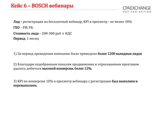 Кейс 6 – BOSCH вебинары
Лид – регистрация на бесплатный вебинар, KPI в просмотр - не менее 10%
ГЕО – РФ, РБ.
Стоимость лида – 200-300 руб + НДС
Период: 1 месяц
1) За период проведения кампании было приведено более 1200 валидных лидов
2) Благодаря подобранным каналам продвижения и отросованным креативам
удалось добиться высокой конверсии, более 12%.
3) KPI по конверсии 10% в просмотр вебинара с регистрации был выполнен и
перевыполнен.
 
