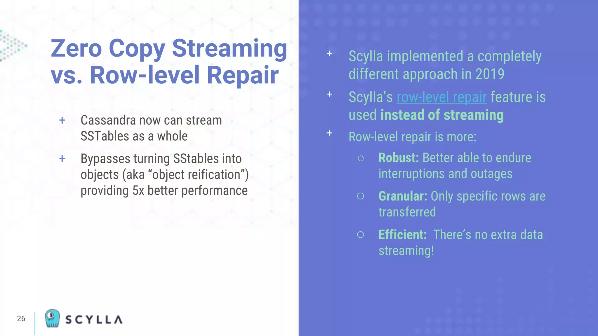 26
Zero Copy Streaming
vs. Row-level Repair
+ Cassandra now can stream
SSTables as a whole
+ Bypasses turning SStables into
objects (aka “object reification”)
providing 5x better performance
ᐩ Scylla implemented a completely
different approach in 2019
ᐩ Scylla’s row-level repair feature is
used instead of streaming
ᐩ Row-level repair is more:
○ Robust: Better able to endure
interruptions and outages
○ Granular: Only specific rows are
transferred
○ Efficient: There’s no extra data
streaming!
 
