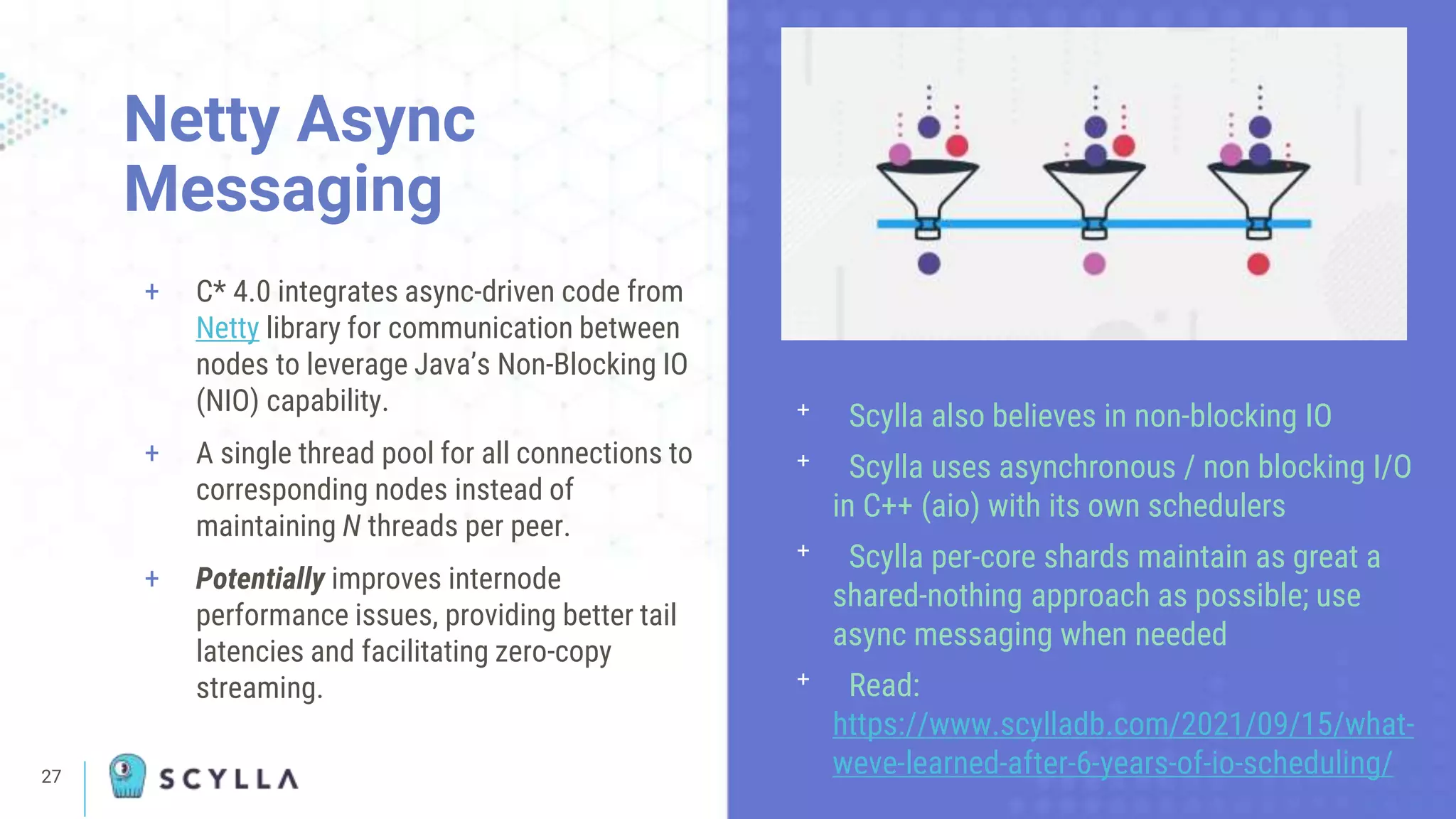 27
+ C* 4.0 integrates async-driven code from
Netty library for communication between
nodes to leverage Java’s Non-Blocking IO
(NIO) capability.
+ A single thread pool for all connections to
corresponding nodes instead of
maintaining N threads per peer.
+ Potentially improves internode
performance issues, providing better tail
latencies and facilitating zero-copy
streaming.
Netty Async
Messaging
ᐩ Scylla also believes in non-blocking IO
ᐩ Scylla uses asynchronous / non blocking I/O
in C++ (aio) with its own schedulers
ᐩ Scylla per-core shards maintain as great a
shared-nothing approach as possible; use
async messaging when needed
ᐩ Read:
https://www.scylladb.com/2021/09/15/what-
weve-learned-after-6-years-of-io-scheduling/
 