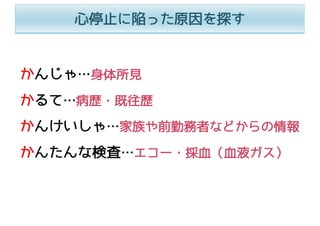 かんじゃ…⾝体所⾒
かるて…病歴・既往歴
かんけいしゃ…家族や前勤務者などからの情報
かんたんな検査…エコー・採⾎（⾎液ガス）
⼼停⽌に陥った原因を探す
 