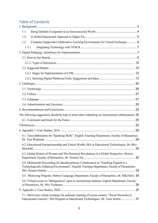 2
Table of Contents
1. Background .................................................................................................................... 3
1.1. Being Globally-Competent in an Interconnected World................................................ 4
1.2. A Global Educational Approach in Higher Ed............................................................. 5
1.3. Computer-Supported Collaborative Learning Environments for Virtual Exchanges........... 6
1.3.1. Integrating Technology with TPACK ................................................................. 7
2. Digital Pedagogy: Guidelines for Implementation.................................................................. 7
2.1. How to Get Started..................................................................................................... 8
2.1.2. Types of Interaction:........................................................................................... 10
2.2. Suggested Models.................................................................................................... 10
2.2.1. Stages for Implementation of COIL....................................................................... 12
2.2.2. Selecting Digital Platforms/Tools: Suggestions and Ideas ......................................... 13
3. Challenges.................................................................................................................... 20
3.1. Technology............................................................................................................. 20
3.2. Culture................................................................................................................... 21
3.3. Language................................................................................................................ 21
3.4. Administration and Execution.................................................................................... 22
4. Recommendations and Conclusions .................................................................................. 22
The following suggestions should be kept in mind when embarking on international collaborations. 22
4.1. Conclusion and Goals for the Future ........................................................................... 25
5.References..................................................................................................................... 25
6. Appendix 1: Case Studies, 2019 ....................................................................................... 28
6.1. Telecollaboration for “Speaking Skills”, English Teaching Department, Faculty of Humanities,
Dr. Tina Waldman ......................................................................................................... 28
6.2. Educational Entrepreneurship and Virtual Worlds, MA in Educational Technologies. Dr. Miri
Shonfeld....................................................................................................................... 30
6.3. Global History of Women and The Historical Revolutions in a Global Perspective, History
Department, Faculty of Humanities, Dr. Nimrod Tal............................................................ 32
6.4. Multimodal Storytelling for Interdisciplinary Collaboration in “Teaching English in a
Technologically-Enhanced Environment”, English Teaching Department, Faculty of Humanities-
Mrs. Susana Galante....................................................................................................... 33
6.5. Mentoring Program, Hebrew Language Department, Faculty of Humanities, Dr. Miki Kritz 35
6.6. Virtual course on “Bilingualism” open to international students, English Department, Faculty
of Humanities, Dr. Miri Yochanna.................................................................................... 36
7. Appendix 2: Case Studies, 2020....................................................................................... 37
7.1. Short-term virtual exchange for authentic learning of course content, “Social Networks in
Educational Contexts”, MA Program in Educational Technologies- Dr. Tami Seifert................. 37
 