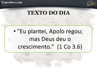 TEXTO DO DIA
• "Eu plantei, Apolo regou;
mas Deus deu o
crescimento." (1 Co 3.6)
 