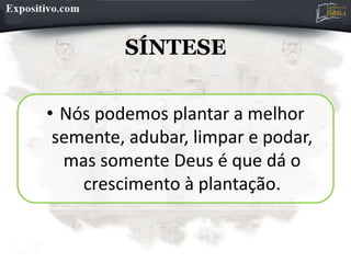 SÍNTESE
• Nós podemos plantar a melhor
semente, adubar, limpar e podar,
mas somente Deus é que dá o
crescimento à plantação.
 