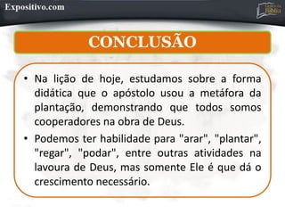 CONCLUSÃO
• Na lição de hoje, estudamos sobre a forma
didática que o apóstolo usou a metáfora da
plantação, demonstrando que todos somos
cooperadores na obra de Deus.
• Podemos ter habilidade para "arar", "plantar",
"regar", "podar", entre outras atividades na
lavoura de Deus, mas somente Ele é que dá o
crescimento necessário.
 