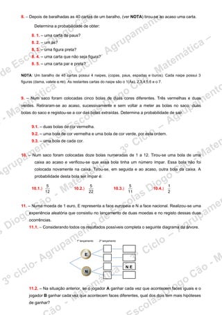 8. – Depois de baralhadas as 40 cartas de um baralho, (ver NOTA) tirou-se ao acaso uma carta.
Determina a probabilidade de obter:
8. 1. – uma carta de paus?
8. 2. – um ás?
8. 3. – uma figura preta?
8. 4. – uma carta que não seja figura?
8. 5. – uma carta par e preta?
NOTA: Um baralho de 40 cartas possui 4 naipes, (copas, paus, espadas e ouros). Cada naipe possui 3
figuras (dama, valete e rei). As restantes cartas do naipe são o 1(Ás), 2,3,4,5,6 e o 7.
9. – Num saco foram colocadas cinco bolas de duas cores diferentes. Três vermelhas e duas
verdes. Retiraram-se ao acaso, sucessivamente e sem voltar a meter as bolas no saco, duas
bolas do saco e registou-se a cor das bolas extraídas. Determina a probabilidade de sair.
9.1. – duas bolas de cor vermelha.
9.2. – uma bola de cor vermelha e uma bola de cor verde, por esta ordem.
9.3. – uma bola de cada cor.
10. – Num saco foram colocadas doze bolas numeradas de 1 a 12. Tirou-se uma bola de uma
caixa ao acaso e verificou-se que essa bola tinha um número ímpar. Essa bola não foi
colocada novamente na caixa. Tirou-se, em seguida e ao acaso, outra bola da caixa. A
probabilidade desta bola ser ímpar é:
10.1.)
12
5
10.2.)
22
5
10.3.)
11
5
10.4.)
2
1
11. – Numa moeda de 1 euro, E representa a face europeia e N a face nacional. Realizou-se uma
experiência aleatória que consistiu no lançamento de duas moedas e no registo dessas duas
ocorrências.
11.1. – Considerando todos os resultados possíveis completa o seguinte diagrama da árvore.
11.2. – Na situação anterior, se o jogador A ganhar cada vez que acontecem faces iguais e o
jogador B ganhar cada vez que acontecem faces diferentes, qual dos dois tem mais hipóteses
de ganhar?
N
E
N E
1º lançamento 2º lançamento
 