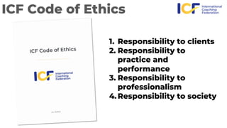 ICF Code of Ethics
1. Responsibility to clients
2. Responsibility to
practice and
performance
3. Responsibility to
profess...