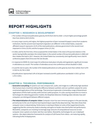 Artificial Intelligence
Index Report 2021
10
CHAPTER 1: RESEARCH  DEVELOPMENT
• 
The number of AI journal publications grew by 34.5% from 2019 to 2020—a much higher percentage growth
than from 2018 to 2019 (19.6%).
• 
In every major country and region, the highest proportion of peer-reviewed AI papers comes from academic
institutions. But the second most important originators are different: In the United States, corporate-
affiliated research represents 19.2% of the total publications, whereas government is the second most
important in China (15.6%) and the European Union (17.2%).
• 
In 2020, and for the first time, China surpassed the United States in the share of AI journal citations in the
world, having briefly overtaken the United States in the overall number of AI journal publications in 2004 and
then retaken the lead in 2017. However, the United States has consistently (and significantly) more cited AI
conference papers than China over the last decade.
• 
In response to COVID-19, most major AI conferences took place virtually and registered a significant increase
in attendance as a result. The number of attendees across nine conferences almost doubled in 2020.
• 
In just the last six years, the number of AI-related publications on arXiv grew by more than sixfold, from 5,478
in 2015 to 34,736 in 2020.
• 
AI publications represented 3.8% of all peer-reviewed scientific publications worldwide in 2019, up from
1.3% in 2011.
CHAPTER 2: TECHNICAL PERFORMANCE
• 
Generative everything: AI systems can now compose text, audio, and images to a sufficiently high standard
that humans have a hard time telling the difference between synthetic and non-synthetic outputs for some
constrained applications of the technology. That promises to generate a tremendous range of downstream
applications of AI for both socially useful and less useful purposes. It is also causing researchers to invest in
technologies for detecting generative models; the DeepFake Detection Challenge data indicates how well
computers can distinguish between different outputs.
• 
The industrialization of computer vision: Computer vision has seen immense progress in the past decade,
primarily due to the use of machine learning techniques (specifically deep learning). New data shows that
computer vision is industrializing: Performance is starting to flatten on some of the largest benchmarks,
suggesting that the community needs to develop and agree on harder ones that further test performance.
Meanwhile, companies are investing increasingly large amounts of computational resources to train
computer vision systems at a faster rate than ever before. Meanwhile, technologies for use in deployed
systems—like object-detection frameworks for analysis of still frames from videos—are maturing rapidly,
indicating further AI deployment.
REPORT HIGHLIGHTS
 