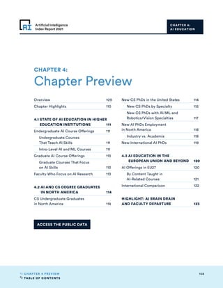 TABLE OF CONTENTS
108
CHAPTER 4 PREVIEW
Artificial Intelligence
Index Report 2021
CHAPTER 4:
AI EDUCATION
Overview	109
Chapter Highlights	 110
4.1 STATE OF AI EDUCATION IN HIGHER
EDUCATION INSTITUTIONS	 111
Undergraduate AI Course Offerings	 111
	 Undergraduate Courses
	 That Teach AI Skills 	 111
	 Intro-Level AI and ML Courses	 111
Graduate AI Course Offerings	 113
	 Graduate Courses That Focus
	 on AI Skills	 113
Faculty Who Focus on AI Research	 113
4.2 AI AND CS DEGREE GRADUATES
IN NORTH AMERICA	 114
CS Undergraduate Graduates
in North America	 114
New CS PhDs in the United States	 114
	 New CS PhDs by Specialty	 115
	 New CS PhDs with AI/ML and
	 Robotics/Vision Specialties	 117
New AI PhDs Employment
in North America	 118
	 Industry vs. Academia	118
New International AI PhDs	 119
4.3 AI EDUCATION IN THE
EUROPEAN UNION AND BEYOND	 120
AI Offerings in EU27	 120
	 By Content Taught in
	 AI-Related Courses	 121
International Comparison	 122
HIGHLIGHT: AI BRAIN DRAIN
AND FACULTY DEPARTURE	 123
Chapter Preview
CHAPTER 4:
ACCESS THE PUBLIC DATA
 