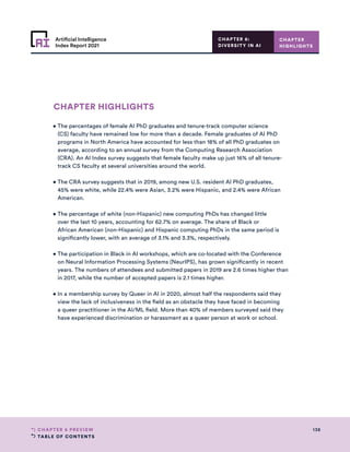 TABLE OF CONTENTS
138
CHAPTER 6 PREVIEW
Artificial Intelligence
Index Report 2021
CHAPTER HIGHLIGHTS
• 
The percentages of female AI PhD graduates and tenure-track computer science
(CS) faculty have remained low for more than a decade. Female graduates of AI PhD
programs in North America have accounted for less than 18% of all PhD graduates on
average, according to an annual survey from the Computing Research Association
(CRA). An AI Index survey suggests that female faculty make up just 16% of all tenure-
track CS faculty at several universities around the world.
• 
The CRA survey suggests that in 2019, among new U.S. resident AI PhD graduates,
45% were white, while 22.4% were Asian, 3.2% were Hispanic, and 2.4% were African
American.
• 
The percentage of white (non-Hispanic) new computing PhDs has changed little
over the last 10 years, accounting for 62.7% on average. The share of Black or
African American (non-Hispanic) and Hispanic computing PhDs in the same period is
significantly lower, with an average of 3.1% and 3.3%, respectively.
• 
The participation in Black in AI workshops, which are co-located with the Conference
on Neural Information Processing Systems (NeurIPS), has grown significantly in recent
years. The numbers of attendees and submitted papers in 2019 are 2.6 times higher than
in 2017, while the number of accepted papers is 2.1 times higher.
• 
In a membership survey by Queer in AI in 2020, almost half the respondents said they
view the lack of inclusiveness in the field as an obstacle they have faced in becoming
a queer practitioner in the AI/ML field. More than 40% of members surveyed said they
have experienced discrimination or harassment as a queer person at work or school.
CHAPTER
HIGHLIGHTS
CHAPTER 6:
DIVERSITY IN AI
 