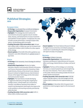 TABLE OF CONTENTS
157
CHAPTER 7 PREVIEW
Artificial Intelligence
Index Report 2021
Published Strategies
2018
European Union
• 
AI Strategy: Coordinated Plan on Artificial Intelligence
• 
Responsible Organization: European Commission
• Highlights: This strategy document outlines the
commitments and actions agreed on by EU member
states, Norway, and Switzerland to increase investment
and build their AI talent pipeline. It emphasizes the value
of public-private partnerships, creating European data
spaces, and developing ethics principles.
• 
Funding (December 2020 conversation rate): At least
EUR 1 billion (USD 1.1 billion) per year for AI research and
at least EUR 4.9 billion (USD 5.4 billion) for other aspects
of the strategy
• 
Recent updates: A first draft of the ethics guidelines was
released in June 2018, followed by an updated version in
April 2019.
France
• 
AI Strategy: AI for Humanity: French Strategy for Artificial
Intelligence
• 
Responsible Organizations: Ministry for Higher
Education, Research and Innovation; Ministry of Economy
and Finance; Directorate General for Enterprises; Public
Health Ministry; Ministry of the Armed Forces; National
Research Institute for Digital Sciences; Interministerial
Director of the Digital Technology and the Information
and Communication System
• Highlights: The main themes include developing
an aggressive data policy for big data; targeting four
strategic sectors, namely health care, environment,
transport, and defense; boosting French efforts in
research and development; planning for the impact of AI
on the workforce; and ensuring inclusivity and diversity
within the field.
• 
Funding (December 2020 conversion rate): EUR 1.5
billion (USD 1.8 billion) up to 2022
• 
Recent Updates: The French National Research Institute
for Digital Sciences (Inria) has committed to playing a
central role in coordinating the national AI strategy and
will report annually on its progress.
Germany
• 
AI Strategy: AI Made in Germany
• 
Responsible Organizations: Federal Ministry of
Education and Research; Federal Ministry for Economic
Affairs and Energy; Federal Ministry of Labour and Social
Affairs
• Highlights: The focus of the strategy is on cementing
Germany as a research powerhouse and strengthening
the value of its industries. There is also an emphasis
on the public interest and working to better the lives of
people and the environment.
• 
Funding (December 2020 conversion rate): EUR 500
million (USD 608 million) in the 2019 budget and EUR
3 billion (USD 3.6 billion) for the implementation up to
2025
• 
Recent Updates: In November 2019, the government
published an interim progress report on the Germany AI
strategy.
7.1 NATIONAL
AND REGIONAL
AI STRATEGIES
CHAPTER 7:
AI POLICY AND
NATIONAL STRATEGIES
 