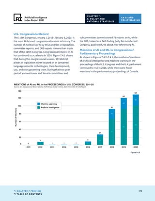 TABLE OF CONTENTS
172
CHAPTER 7 PREVIEW
Artificial Intelligence
Index Report 2021
2011 2012 2013 2014 2015 2016 2017 2018 2019 2020
0
20
40
60
80
100
120
140
Number
of
Mentions
120
129
92
27
0
9
8
1
1 1
101
92
28
28
25
23
67
6
7
MENTIONS of AI and ML in the PROCEEDINGS of U.S. CONGRESS, 2011-20
Sources: U.S. Congressional Record website, the McKinsey Global Institute, 2020 | Chart: 2021 AI Index Report
Machine Learning
Artificial Intelligence
U.S. Congressional Record
The 116th Congress (January 1, 2019–January 3, 2021) is
the most AI-focused congressional session in history. The
number of mentions of AI by this Congress in legislation,
committee reports, and CRS reports is more than triple
that of the 115th Congress. Congressional interest in AI
has continued to accelerate in 2020. Figure 7.4.1 shows
that during this congressional session, 173 distinct
pieces of legislation either focused on or contained
language about AI technologies, their development,
use, and rules governing them. During that two-year
period, various House and Senate committees and
CHAPTER 7:
AI POLICY AND
NATIONAL STRATEGIES
7.4 AI AND
POLICYMAKING
Figure 7.4.2
subcommittees commissioned 70 reports on AI, while
the CRS, tasked as a fact-finding body for members of
Congress, published 243 about AI or referencing AI.
Mentions of AI and ML in Congressional/
Parliamentary Proceedings
As shown in Figures 7.4.2–7.4.5, the number of mentions
of artificial intelligence and machine learning in the
proceedings of the U.S. Congress and the U.K. parliament
continued to rise in 2020, while there were fewer
mentions in the parliamentary proceedings of Canada.
 