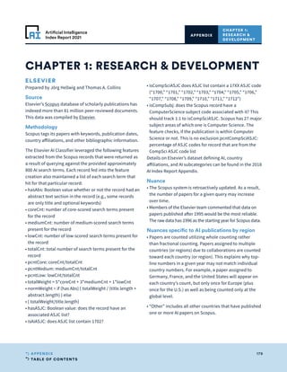 TABLE OF CONTENTS
179
APPENDIX
Artificial Intelligence
Index Report 2021
ELSEVIER
Prepared by Jörg Hellwig and Thomas A. Collins
Source
Elsevier’s Scopus database of scholarly publications has
indexed more than 81 million peer-reviewed documents.
This data was compiled by Elsevier.
Methodology
Scopus tags its papers with keywords, publication dates,
country affiliations, and other bibliographic information.
The Elsevier AI Classifier leveraged the following features
extracted from the Scopus records that were returned as
a result of querying against the provided approximately
800 AI search terms. Each record fed into the feature
creation also maintained a list of each search term that
hit for that particular record:
• 
hasAbs: Boolean value whether or not the record had an
abstract text section in the record (e.g., some records
are only title and optional keywords)
• 
coreCnt: number of core-scored search terms present
for the record
• 
mediumCnt: number of medium-scored search terms
present for the record
• 
lowCnt: number of low-scored search terms present for
the record
• 
totalCnt: total number of search terms present for the
record
• 
pcntCore: coreCnt/totalCnt
• 
pcntMedium: mediumCnt/totalCnt
• 
pcntLow: lowCnt/totalCnt
• 
totalWeight = 5*coreCnt + 3*mediumCnt + 1*lowCnt
• 
normWeight = if (has Abs) { totalWeight / (title.length +
abstract.length) } else
• 
{ totalWeight/title.length}
• 
hasASJC: Boolean value: does the record have an
associated ASJC list?
• 
isAiASJC: does ASJC list contain 1702?
• 
isCompSciASJC does ASJC list contain a 17XX ASJC code
(“1700,” “1701,” “1702,” “1703,” “1704,” “1705,” “1706,”
“1707,” “1708,” “1709,” “1710,” “1711,” “1712”)
• 
isCompSubj: does the Scopus record have a
ComputerScience subject code associated with it? This
should track 1:1 to isCompSciASJC. Scopus has 27 major
subject areas of which one is Computer Science. The
feature checks, if the publication is within Computer
Science or not. This is no exclusion.pcntCompSciASJC:
percentage of ASJC codes for record that are from the
CompSci ASJC code list
Details on Elsevier’s dataset defining AI, country
affiliations, and AI subcategories can be found in the 2018
AI Index Report Appendix.
Nuance
• 
The Scopus system is retroactively updated. As a result,
the number of papers for a given query may increase
over time.
• 
Members of the Elsevier team commented that data on
papers published after 1995 would be the most reliable.
The raw data has 1996 as the starting year for Scopus data.
Nuances specific to AI publications by region
• 
Papers are counted utilizing whole counting rather
than fractional counting. Papers assigned to multiple
countries (or regions) due to collaborations are counted
toward each country (or region). This explains why top-
line numbers in a given year may not match individual
country numbers. For example, a paper assigned to
Germany, France, and the United States will appear on
each country’s count, but only once for Europe (plus
once for the U.S.) as well as being counted only at the
global level.
• 
“Other” includes all other countries that have published
one or more AI papers on Scopus.
CHAPTER 1: RESEARCH  DEVELOPMENT
CHAPTER 1:
RESEARCH 
DEVELOPMENT
APPENDIX
 