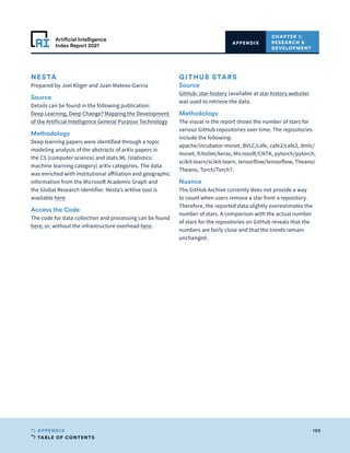 TABLE OF CONTENTS
193
APPENDIX
Artificial Intelligence
Index Report 2021
CHAPTER 1:
RESEARCH 
DEVELOPMENT
APPENDIX
NESTA
Prepared by Joel Kliger and Juan Mateos-Garcia
Source
Details can be found in the following publication:
Deep Learning, Deep Change? Mapping the Development
of the Artificial Intelligence General Purpose Technology
Methodology
Deep learning papers were identified through a topic
modeling analysis of the abstracts of arXiv papers in
the CS (computer science) and stats.ML (statistics:
machine learning category) arXiv categories. The data
was enriched with institutional affiliation and geographic
information from the Microsoft Academic Graph and
the Global Research Identifier. Nesta’s arXlive tool is
available here.
Access the Code
The code for data collection and processing can be found
here; or, without the infrastructure overhead here.
GITHUB STARS
Source
GitHub: star-history (available at star history website)
was used to retrieve the data.
Methodology
The visual in the report shows the number of stars for
various GitHub repositories over time. The repositories
include the following:
apache/incubator-mxnet, BVLC/cafe, cafe2/cafe2, dmlc/
mxnet, fchollet/keras, Microsoft/CNTK, pytorch/pytorch,
scikit-learn/scikit-learn, tensorflow/tensorflow, Theano/
Theano, Torch/Torch7.
Nuance
The GitHub Archive currently does not provide a way
to count when users remove a star from a repository.
Therefore, the reported data slightly overestimates the
number of stars. A comparison with the actual number
of stars for the repositories on GitHub reveals that the
numbers are fairly close and that the trends remain
unchanged.
 