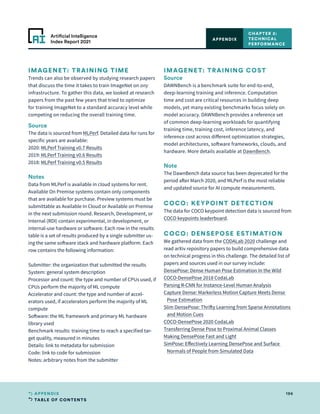 TABLE OF CONTENTS
196
APPENDIX
Artificial Intelligence
Index Report 2021
IMAGENET: TRAINING TIME
Trends can also be observed by studying research papers
that discuss the time it takes to train ImageNet on any
infrastructure. To gather this data, we looked at research
papers from the past few years that tried to optimize
for training ImageNet to a standard accuracy level while
competing on reducing the overall training time.
Source
The data is sourced from MLPerf. Detailed data for runs for
specific years are available:
2020: MLPerf Training v0.7 Results
2019: MLPerf Training v0.6 Results
2018: MLPerf Training v0.5 Results
Notes
Data from MLPerf is available in cloud systems for rent.
Available On Premise systems contain only components
that are available for purchase. Preview systems must be
submittable as Available In Cloud or Available on Premise
in the next submission round. Research, Development, or
Internal (RDI) contain experimental, in development, or
internal-use hardware or software. Each row in the results
table is a set of results produced by a single submitter us-
ing the same software stack and hardware platform. Each
row contains the following information:
Submitter: the organization that submitted the results
System: general system description
Processor and count: the type and number of CPUs used, if
CPUs perform the majority of ML compute
Accelerator and count: the type and number of accel-
erators used, if accelerators perform the majority of ML
compute
Software: the ML framework and primary ML hardware
library used
Benchmark results: training time to reach a specified tar-
get quality, measured in minutes
Details: link to metadata for submission
Code: link to code for submission
Notes: arbitrary notes from the submitter
IMAGENET: TRAINING COST
Source
DAWNBench is a benchmark suite for end-to-end,
deep-learning training and inference. Computation
time and cost are critical resources in building deep
models, yet many existing benchmarks focus solely on
model accuracy. DAWNBench provides a reference set
of common deep-learning workloads for quantifying
training time, training cost, inference latency, and
inference cost across different optimization strategies,
model architectures, software frameworks, clouds, and
hardware. More details available at DawnBench.
Note
The DawnBench data source has been deprecated for the
period after March 2020, and MLPerf is the most reliable
and updated source for AI compute measurements.
COCO: KEYPOINT DETECTION
The data for COCO keypoint detection data is sourced from
COCO keypoints leaderboard.
COCO: DENSEPOSE ESTIMATION
We gathered data from the CODALab 2020 challenge and
read arXiv repository papers to build comprehensive data
on technical progress in this challenge. The detailed list of
papers and sources used in our survey include:
DensePose: Dense Human Pose Estimation In the Wild
COCO-DensePose 2018 CodaLab
Parsing R-CNN for Instance-Level Human Analysis
Capture Dense: Markerless Motion Capture Meets Dense
Pose Estimation
Slim DensePose: Thrifty Learning from Sparse Annotations
and Motion Cues
COCO-DensePose 2020 CodaLab
Transferring Dense Pose to Proximal Animal Classes
Making DensePose Fast and Light
SimPose: Effectively Learning DensePose and Surface
Normals of People from Simulated Data
CHAPTER 2:
TECHNICAL
PERFORMANCE
APPENDIX
 