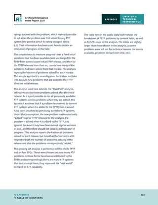 TABLE OF CONTENTS
202
APPENDIX
Artificial Intelligence
Index Report 2021
ratings is saved with the problem, which makes it possible
to tell when the problem was first solved by any ATP
system (the point at which its rating dropped below
1.0). That information has been used here to obtain an
indication of progress in the field.
The simplest way to measure progress takes a fixed set of
problems that has been available (and unchanged) in the
TPTP from some chosen initial TPTP release, and then for
the TPTP releases from then on, counts how many of the
problems had been solved from that release. The analysis
reports the fraction of problems solved for each release.
This simple approach is unambiguous, but it does not take
into account new problems that are added to the TPTP
after the initial release.
The analysis used here extends the “Fixed Set” analysis,
taking into account new problems added after the initial
release. As it is not possible to run all previously available
ATP systems on new problems when they are added, this
approach assumes that if a problem is unsolved by current
ATP systems when it is added to the TPTP, then it would
have been unsolved by previously available ATP systems.
Under that assumption, the new problem is retrospectively
“added” to prior TPTP releases for the analysis. If a
problem is solved when it is added to the TPTP, it is
ignored because it may have been solved in prior versions
as well, and therefore should not serve as an indicator of
progress. This analysis reports the fraction of problems
solved for each release, but note that the fraction is with
respect to both the number of problems actually in the
release and also the problems retrospectively “added.”
The growing set analysis is performed on the whole TPTP
and on four SPCs. These were chosen because many ATP
problems in those forms have been contributed to the
TPTP, and correspondingly there are many ATP systems
that can attempt them; they represent the “real world”
demand for ATP capability.
The table here in the public data folder shows the
breakdown of TPTP problems by content fields, as well
as by SPCs used in the analysis. The totals are slightly
larger than those shown in the analysis, as some
problems were left out for technical reasons (no scores
available, problems revised over time, etc.).
CHAPTER 2:
TECHNICAL
PERFORMANCE
APPENDIX
 