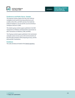 TABLE OF CONTENTS
213
APPENDIX
Artificial Intelligence
Index Report 2021
Conference and Public Venue - Sample
The AI group contains papers from the main artificial
intelligence and machine learning conferences such
as AAAI, IJCAI, ICML, and NIPS and also from both the
Artificial Intelligence Journal and the Journal of Artificial
Intelligence Research (JAIR).
The robotics group contains papers published in the IEEE
Transactions on Robotics and Automation (now known as
IEEE Transactions on Robotics), ICRA, and IROS.
The CS group contains papers published in the mainstream
computer science venues such as the Communications of
the ACM, IEEE Computer, ACM Computing Surveys, and the
ACM and IEEE Transactions.
Codebase
The code and data are hosted in this GitHub repository.
CHAPTER 5: ETHICAL
CHALLENGES OF
AI APPLICATIONS
APPENDIX
 