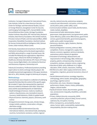 TABLE OF CONTENTS
217
APPENDIX
Artificial Intelligence
Index Report 2021
CHAPTER 7:
AI POLICY AND
NATIONAL STRATEGIES
APPENDIX
Institution, Carnegie Endowment for International Peace,
Cato Institute, Center for a New American Security,
Center for Strategic and International Studies, Council
on Foreign Relations, Georgetown Center for Security
and Emerging Technology (CSET), Harvard Belfer Center,
Harvard Berkman Klein Center, Heritage Foundation,
Hudson Institute, MacroPolo, MIT Internet Policy Research
Initiative, New America Foundation, NYU AI Now Institute,
Princeton School of Public and International Affairs, RAND
Corporation, Rockefeller Foundation, Stanford Institute
for Human-Centered Artificial Intelligence (HAI), Stimson
Center, Urban Institute, Wilson Center.
Civil Society, Associations  Consortiums: Not-for profit
institutions including community-based organizations
and NGOs advocating for a range of societal issues. We
included the following nine organizations: Algorithmic
Justice League, Alliance for Artificial Intelligence in
Healthcare, Amnesty International, EFF, Future of Privacy
Forum, Human Rights Watch, IJIS, Institute for Electrical
and Electronics Engineers, Partnership on AI
Industry  Consultancy: Professional practices providing
expert advice to clients and large industry players. We
included six prominent organizations in this space: Accenture,
Bain  Co., BCG, Deloitte, Google AI, McKinsey  Company
Methodology
Each broad topic area is based on a collection of underlying
keywords that describes the content of the specific paper.
We included 17 topics that represented the majority of
discourse related to AI between 2019-2020. These topic
areas and the associated keywords are listed below.
• 
Health  Biological Sciences: medicine, healthcare
systems, drug discovery, care, biomedical research,
insurance, health behaviors, COVID-19, global health
• 
Physical Sciences: chemistry, physics, astronomy, earth
science
• 
Energy  Environment: Energy costs, climate change,
energy markets, pollution, conservation, oil  gas,
alternative energy
• 
International Affairs  International Security:
international relations, international trade, developing
countries, humanitarian assistance, warfare, regional
security, national security, autonomous weapons
• 
Justice  Law Enforcement: civil justice, criminal justice,
social justice, police, public safety, courts
• 
Communications  Media: social media, disinformation,
media markets, deepfakes
• 
Government  Public Administration: federal
government, state government, local government, public
sector efficiency, public sector effectiveness, government
services, government benefits, government programs,
public works, public transportation
• 
Democracy: elections, rights, freedoms, liberties,
personal freedoms
• 
Industry  Regulation: economy, antitrust, MA,
competition, finance, management, supply chain,
telecom, economic regulation, technical standards,
autonomous vehicle industry  regulation
• 
Innovation  Technology: advancements and
improvements in AI technology, RD, intellectual
property, patents, entrepreneurship, innovation
ecosystems, startups, computer science, engineering
• 
Education  Skills: early childhood, K-12, higher
education, STEM, schools, classrooms, reskilling
• 
Workforce  Labor: labor supply and demand, talent,
immigration, migration, personnel economics, future of
work
• 
Social  Behavioral Sciences: sociology, linguistics,
anthropology, ethnic studies, demography, geography,
psychology, cognitive science
• 
Humanities: arts, music, literature, language,
performance, theater, classics, history, philosophy,
religion, cultural studies
• 
Equity  Inclusion: biases, discrimination, gender,
race, socioeconomic inequality, disabilities, vulnerable
populations
• 
Privacy, Safety  Security: anonymity, GDPR,
consumer protection, physical safety, human control,
cybersecurity, encryption, hacking
• 
Ethics: transparency, accountability, human
values, human rights, sustainability, explainability,
interpretability, decision-making norms
 