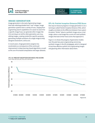 TABLE OF CONTENTS
51
CHAPTER 2 PREVIEW
Artificial Intelligence
Index Report 2021
IMAGE GENERATION
Image generation is the task of generating images
that look indistinguishable from “real” images. Image
generation systems have a variety of uses, ranging from
augmenting search capabilities (it is easier to search for
a specific image if you can generate other images like
it) to serving as an aid for other generative uses (e.g.,
editing images, creating content for specific purposes,
generating multiple variations of a single image to help
designers brainstorm, and so on).
In recent years, image generation progress has
accelerated as a consequence of the continued
improvement in deep learning–based algorithms, as well
as the use of increased computation and larger datasets.
STL-10: Fréchet Inception Distance (FID) Score
One way to measure progress in image generation is via a
technique called Fréchet Inception Distance (FID), which
roughly correlates to the difference between how a given
AI system “thinks” about a synthetic image versus a real
image, where a real image has a score of 0 and synthetic
images that look similar have scores that approach 0.
Figure 2.1.6 shows the progress of generative models
over the past two years at generating convincing
synthetic images in the STL-10 dataset, which is designed
to test how effective systems are at generating images
and gleaning other information about them.
2.1 COMPUTER
VISION—IMAGE
CHAPTER 2:
TECHNICAL
PERFORMANCE
01/2018 04/2018 07/2018 10/2018 01/2019 04/2019 07/2019 10/2019 01/2020 04/2020 07/2020
20
25
30
35
40
45
Fréchet
Inception
Distance
(FID)
Score
25.4
STL-10: FRÉCHET INCEPTION DISTANCE (FID) SCORE
Source: Papers with Code, 2020 | Chart: 2021 AI Index Report
Figure 2.1.6
 