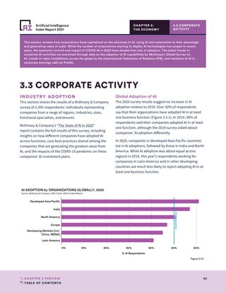 TABLE OF CONTENTS
98
CHAPTER 3 PREVIEW
Artificial Intelligence
Index Report 2021
This section reviews how corporations have capitalized on the advances in AI, using AI and automation to their advantage
and generating value at scale. While the number of corporations starting to deploy AI technologies has surged in recent
years, the economic turmoil and impact of COVID-19 in 2020 have slowed that rate of adoption. The latest trends in
corporate AI activities are examined through data on the adoption of AI capabilities by McKinsey’s Global Survey on
AI, trends in robot installations across the globe by the International Federation of Robotics (IFR), and mentions of AI in
corporate earnings calls by Prattle.
CHAPTER 3:
THE ECONOMY
INDUSTRY ADOPTION
This section shares the results of a McKinsey  Company
survey of 2,395 respondents: individuals representing
companies from a range of regions, industries, sizes,
functional specialties, and tenures.
McKinsey  Company’s “The State of AI in 2020”
report contains the full results of this survey, including
insights on how different companies have adopted AI
across functions, core best practices shared among the
companies that are generating the greatest value from
AI, and the impacts of the COVID-19 pandemic on these
companies’ AI investment plans.
Global Adoption of AI
The 2020 survey results suggest no increase in AI
adoption relative to 2019. Over 50% of respondents
say that their organizations have adopted AI in at least
one business function (Figure 3.3.1). In 2019, 58% of
respondents said their companies adopted AI in at least
one function, although the 2019 survey asked about
companies’ AI adoption differently.
In 2020, companies in developed Asia-Pacific countries
led in AI adoptions, followed by those in India and North
America. While AI adoption was about equal across
regions in 2019, this year’s respondents working for
companies in Latin America and in other developing
countries are much less likely to report adopting AI in at
least one business function.
3.3 CORPORATE ACTIVITY
3.3 CORPORATE
ACTIVITY
0% 10% 20% 30% 40% 50% 60%
% of Respondents
Developed Asia-Pacific
India
North America
Europe
Developing Markets (incl.
China, MENA)
Latin America
All
Geographies
AI ADOPTION by ORGANIZATIONS GLOBALLY, 2020
Source: McKinsey  Company, 2020 | Chart: 2021 AI Index Report
Figure 3.3.1
 