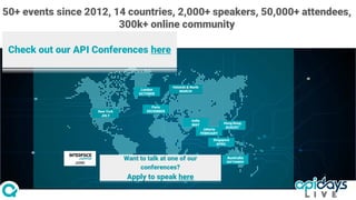 New York
JULY
Australia
SEPTEMBER
Singapore
APRIL
Helsinki & North
MARCH
Paris
DECEMBER
London
OCTOBER
Jakarta
FEBRUARY
Hong Kong
AUGUST
JUNE
India
MAY
Check out our API Conferences here
Want to talk at one of our
conferences?
Apply to speak here
50+ events since 2012, 14 countries, 2,000+ speakers, 50,000+ attendees,
300k+ online community
 
