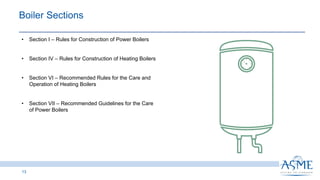 Boiler Sections ​
13
• Section I ‒ Rules for Construction of Power Boilers ​
• Section IV ‒ Rules for Construction of Heating Boilers ​
• Section VI ‒ Recommended Rules for the Care and
Operation of Heating Boilers​
• Section VII ‒ Recommended Guidelines for the Care
of Power Boilers​
 