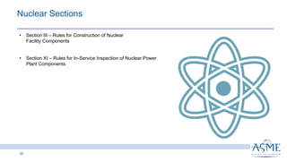 Nuclear Sections ​
25
• Section III ‒ Rules for Construction of Nuclear
Facility Components
• Section XI ‒ Rules for In-Service Inspection of Nuclear Power
Plant Components
 