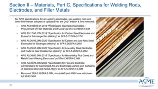 Section II ‒ Materials, Part C, Specifications for Welding Rods,
Electrodes, and Filler Metals
44
INSERT PICTURE
HERE
• Six AWS specifications for arc welding electrodes, gas welding rods and
other filler metals adopted or updated into the 2021 edition & one removed:
o AWS A5.01M/A5.01:2019 "Welding and Brazing Consumables -
Procurement of Filler Materials and Fluxes" as SFA-5.01M/SFA-5.01
o AWS A5.17/A5.17M:2019 "Specification for Carbon Steel Electrodes and
Fluxes for Submerged Arc Welding" as SFA-5.17/SFA-5.17M
o AWS A5.26/A5.26M:2020 "Specification for Carbon and Low-Alloy Steel
Electrodes for Electrogas Welding" as SFA-5.26/SFA-5.26M
o AWS A5.28/A5.28M:2020 "Specification for Low-Alloy Steel Electrodes
and Rods for Gas Shielded Arc Welding" as SFA-5.28/SFA-5.28M
o AWS A5.34/A5.34M:2018 "Specification for Nickel-Alloy Flux Cored and
Metal Cored Welding Electrodes" as SFA-5.34/SFA-5.34M
o AWS A5.39/A5.39M:2020 "Specification for Flux and Electrode
Combinations for Submerged Arc and Electroslag Joining and Surfacing
of Stainless Steel and Nickel Alloys" as SFA-5.39/SFA-5.39M
o Removed SFA-5.36/SFA-5.36M, since AWS and ANSI have withdrawn
A5.36/A5.36M.
 