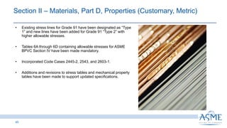 45
INSERT PICTURE
HERE
• Existing stress lines for Grade 91 have been designated as “Type
1” and new lines have been added for Grade 91 “Type 2” with
higher allowable stresses.
• Tables 6A through 6D containing allowable stresses for ASME
BPVC Section IV have been made mandatory.
• Incorporated Code Cases 2445-2, 2543, and 2603-1.
• Additions and revisions to stress tables and mechanical property
tables have been made to support updated specifications.
Section II ‒ Materials, Part D, Properties (Customary, Metric)
 