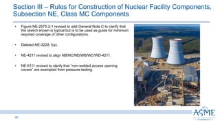 Section III ‒ Rules for Construction of Nuclear Facility Components,
Subsection NE, Class MC Components
49
INSERT PICTURE
HERE
• Figure NE-2575.2-1 revised to add General Note C to clarify that
the sketch shown is typical but is to be used as guide for minimum
required coverage of other configurations.
• Deleted NE-3228.1(a).
• NE-4211 revised to align NB/NC/ND/WB/WC/WD-4211.
• NE-6111 revised to clarify that “non-welded access opening
covers” are exempted from pressure testing.
 
