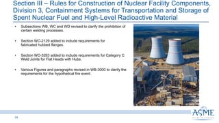 Section III ‒ Rules for Construction of Nuclear Facility Components,
Division 3, Containment Systems for Transportation and Storage of
Spent Nuclear Fuel and High-Level Radioactive Material
54
INSERT PICTURE
HERE
• Subsections WB, WC and WD revised to clarify the prohibition of
certain welding processes.
• Section WC-2129 added to include requirements for
fabricated hubbed flanges.
• Section WC-3263 added to include requirements for Category C
Weld Joints for Flat Heads with Hubs.
• Various Figures and paragraphs revised in WB-3000 to clarify the
requirements for the hypothetical fire event.
 