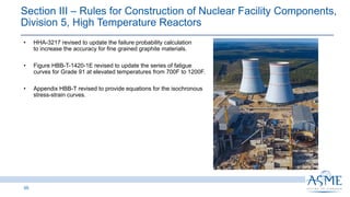 55
INSERT PICTURE
HERE
• HHA-3217 revised to update the failure probability calculation
to increase the accuracy for fine grained graphite materials.
• Figure HBB-T-1420-1E revised to update the series of fatigue
curves for Grade 91 at elevated temperatures from 700F to 1200F.
• Appendix HBB-T revised to provide equations for the isochronous
stress-strain curves.
Section III ‒ Rules for Construction of Nuclear Facility Components,
Division 5, High Temperature Reactors
 