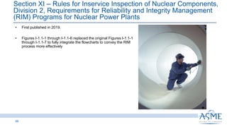 Section XI ‒ Rules for Inservice Inspection of Nuclear Components,
Division 2, Requirements for Reliability and Integrity Management
(RIM) Programs for Nuclear Power Plants
66
INSERT PICTURE
HERE
• First published in 2019.
• Figures I-1.1-1 through I-1.1-6 replaced the original Figures I-1.1-1
through I-1.1-7 to fully integrate the flowcharts to convey the RIM
process more effectively
 