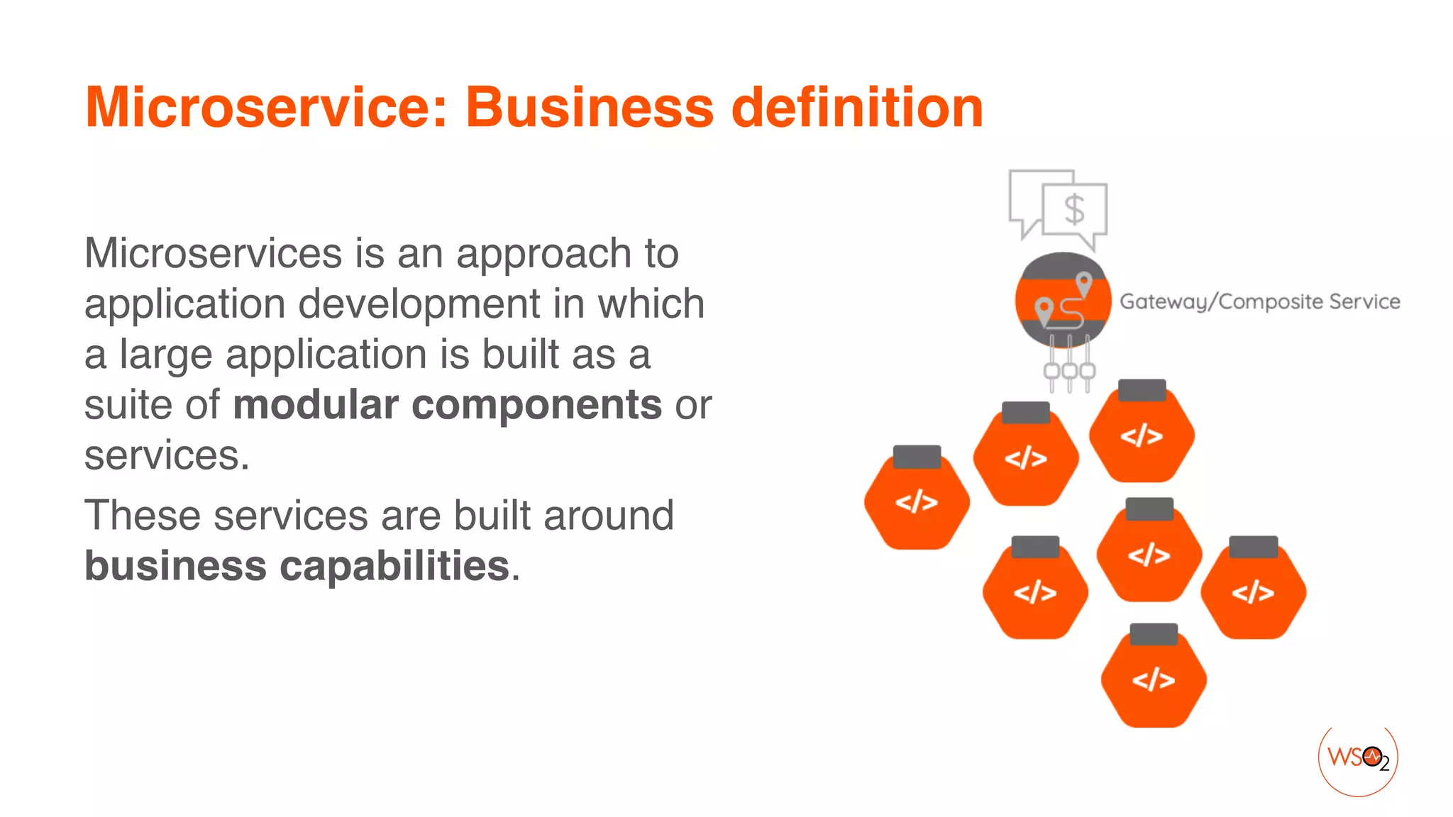 Microservice: Business definition
Microservices is an approach to
application development in which
a large application is built as a
suite of modular components or
services.
 

These services are built around
business capabilities.
 