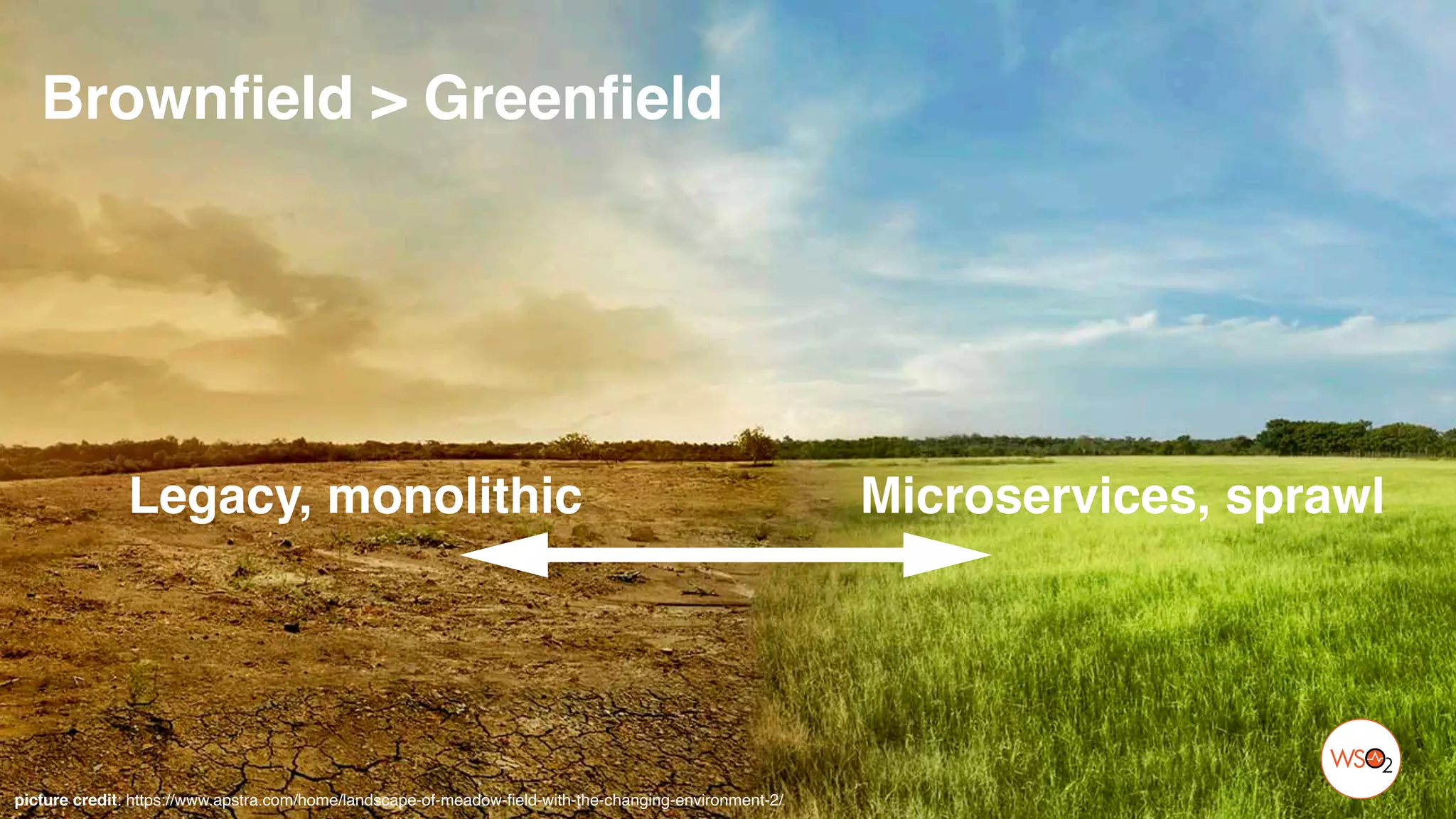Brownfield > Greenfield
picture credit: https://www.apstra.com/home/landscape-of-meadow-field-with-the-changing-environment-2/
Legacy, monolithic Microservices, sprawl
 