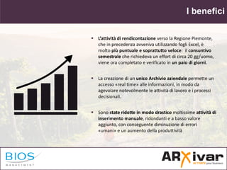 I benefici
 L’attività di rendicontazione verso la Regione Piemonte,
che in precedenza avveniva utilizzando fogli Excel, ...