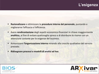 L’esigenza
 Razionalizzare e ottimizzare le procedure interne del personale, puntando a
migliorarne l’efficacia e l’effic...