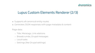 Lupus Custom Elements Renderer (2/3)
● Supports all canonical entity routes
● Generates JSON responses with page metadata & content
Page data:
○ Title, Metatags, Link relations
○ Breadcrumbs, Drupal messages
○ Local tasks
○ Settings (like Drupal settings)
 