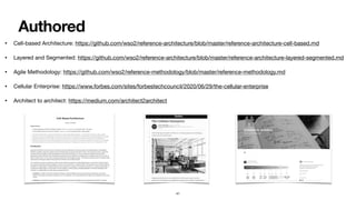 Authored
• Cell-based Architecture: https://github.com/wso2/reference-architecture/blob/master/reference-architecture-cell-based.md

• Layered and Segmented: https://github.com/wso2/reference-architecture/blob/master/reference-architecture-layered-segmented.md

• Agile Methodology: https://github.com/wso2/reference-methodology/blob/master/reference-methodology.md

• Cellular Enterprise: https://www.forbes.com/sites/forbestechcouncil/2020/06/29/the-cellular-enterprise

• Architect to architect: https://medium.com/architect2architect
41
 