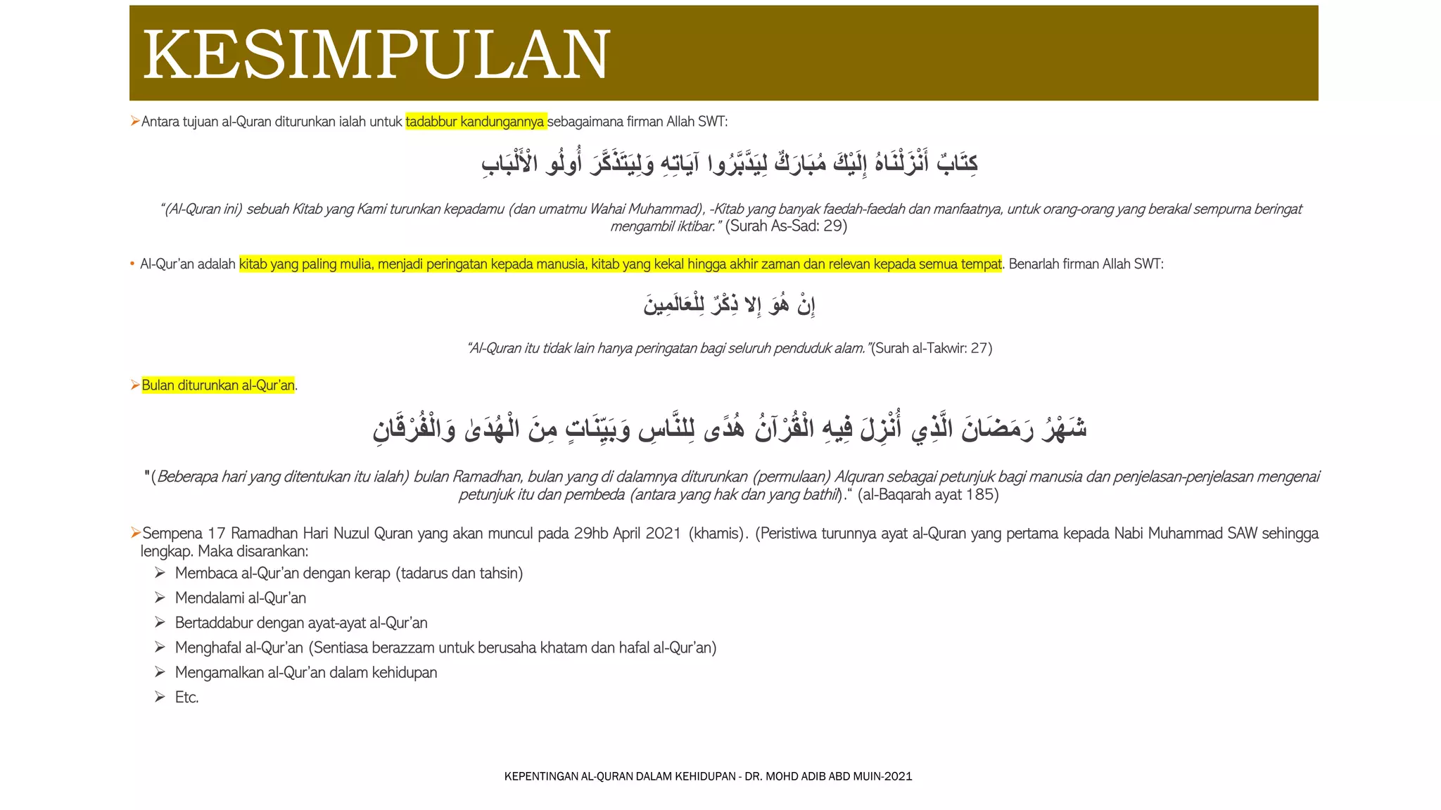 2021-Kepentingan al-Qur'an dalam Kehidupan - dr mohd adib abd muin | PDF