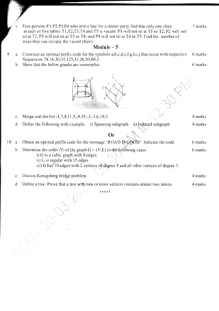 Four persons Pl,P2,P3,P4 who arrive late for a dinner party find that only one chair
at each of five tables T1,T2,T3,T4 and T5 is vacant. P I will not sit at Tl or T2, P2 will not
sit at T2, P3 will not sit at T3 or T4, and P4 will not sit at T4 or T5. Find the number of
ways they can occupy the vacant chairs
Module - 5
Construct an optimal prefix code for the slmbols a,b,c,d,e,f,g,h,ij that occur with respective
frequencies 78, I 6,30,35 ,125,31 ,20,50,80,3
Show that the below graphs are isomorphic
Merge sort the list -1 ,7,4,1 1,5,-8,1 5,-3,-2,6.10,3 r";:ir
Define the following with example. i) Spanning subgraph ii) Induced subgraph
7 marks
6 marks
6 marks
c
d
4 marks
4 marks
6 marks
6 marks
4 marks
4 marks
t ',,,.
... t:n,',
"1"'r
"l , -,._._.
... ?'
Obtain an optimal prefix code for the message "ROAD If-Gp, OD". Indicate the code.
,":
Determine the order lVlof the graph G: (V.E) in the following cases.
i) G is a cubic graph with 9 edges.
ii) G is regular with 15 edges j
iii) G had l0 edges with 2 vertices of degree 4 and all other vertices of degree 3
Discuss Konigsberg bridge problem.
Define a tree. Prove that a tree wit.h two or more vertices contains atleast two leaves.
Or
10 a
b
c
d
****,k
 