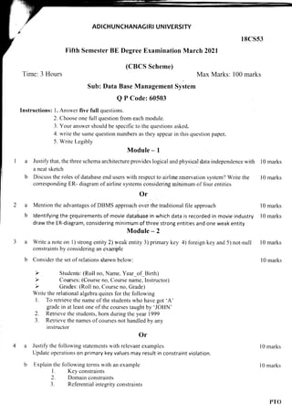 ADICHUNCHANAGIRI UNIVERSITY
l8cs53
a
b
Fifth Semester BE Degree Examination March 2021
(CBCS Scheme)
Time: 3 Hours Max Marks: 100 marks
Sub: Data Base Management System
Q P Code: 60503
Instructions: 1. Answer five full questions.
2. Choose one full question from each module.
3. Your answer should be specific to the questions asked.
4. write the same question numbers as they appear in this question paper.
5. Write Legibly
Module - I
Justify that, the three schema architecture provides logical and physical data independence with l0 marks
a neat sketch
Discuss the roles of database end users with respect to airline reservation system? Write the l0 marks
corresponding ER- diagram of airline systems considering minimum of four entities
Or
Mention the advantages of DBMS approach over the traditional file approach l0 marks
ldentifying the Sequirements of movie database in which data is recorded in movie industry 10 marks
draw the ER-diagram, considering minimum of three strong entities and one weak entity
Module - 2
Writeanoteon l)strongentity2)weakentity3)primarykey 4)f,oreignkeyand5)not-null l0marks
constraints by considering an example
Consider the set of relations shown below:
Write the relational algebra quires for the following
l. To retrieve the name of the students who have got 'A'
grade in at least one of the courses taught by 'JOHN'
2. Retrieve the students, born during the year 1999
3. Retrieve the names of courses not handled by any
instructor
Or
Justify the following statements with relevant examples
Update operations on primary key values may result in constraint violation.
Explain the following terms with an example
I . Key constraints
2. Domain constraints
3. Referentialintegrityconstraints
l0 marks
l0 marks
l0 marks
PTO
 