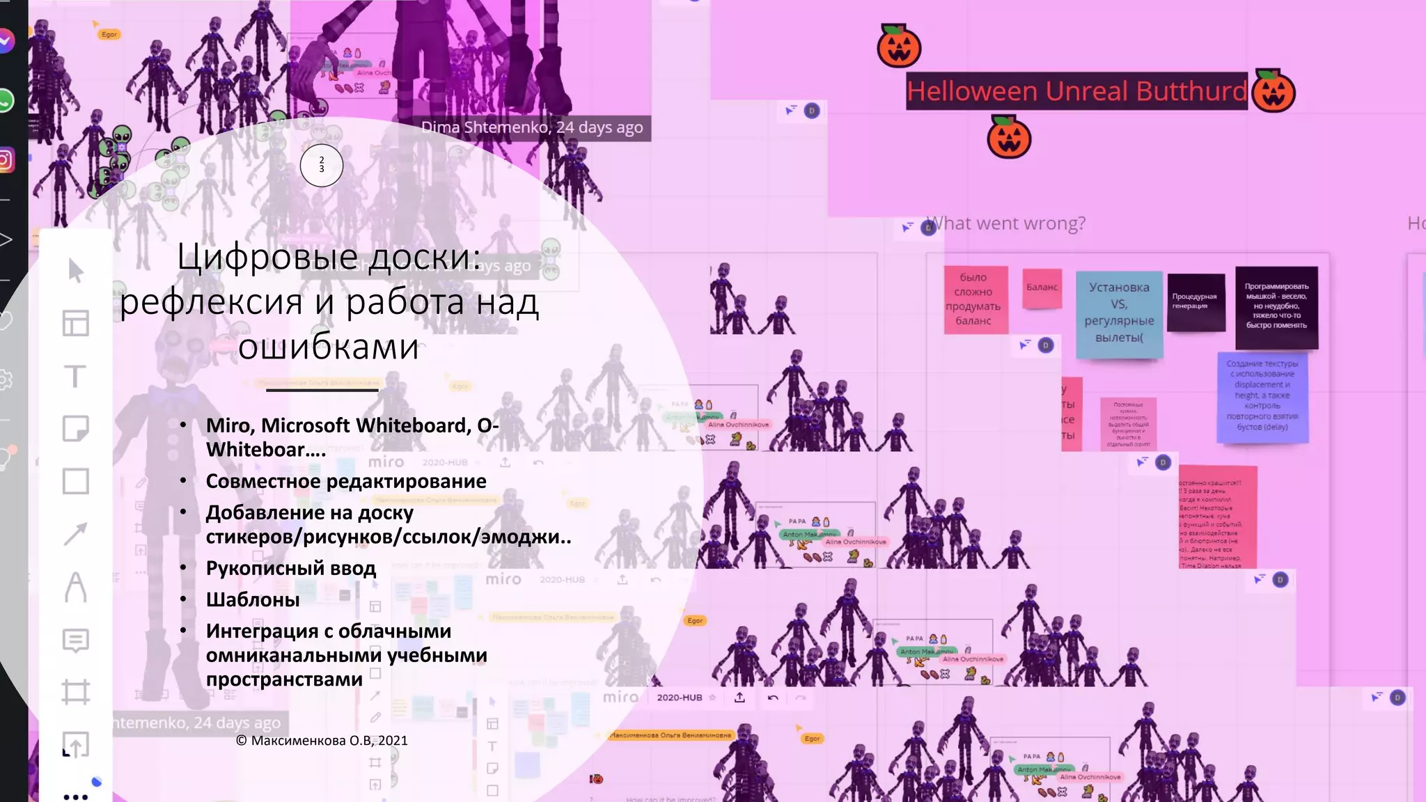 Цифровые доски:
рефлексия и работа над
ошибками
2
3
• Miro, Microsoft Whiteboard, O-
Whiteboar….
• Совместное редактирование
• Добавление на доску
стикеров/рисунков/ссылок/эмоджи..
• Рукописный ввод
• Шаблоны
• Интеграция с облачными
омниканальными учебными
пространствами
© Максименкова О.В, 2021
 