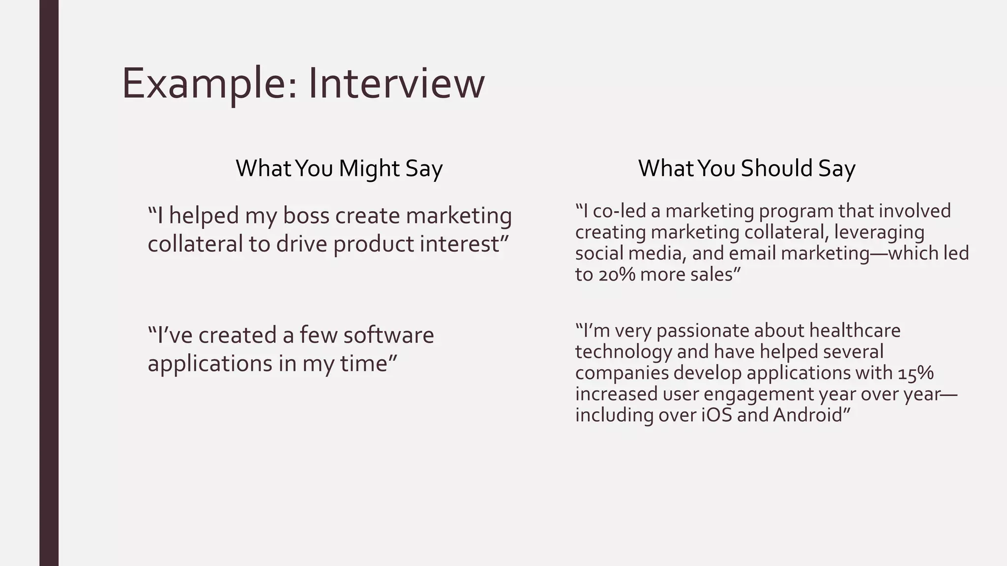 Example: Interview
“I helped my boss create marketing
collateral to drive product interest”
“I co-led a marketing program that involved
creating marketing collateral, leveraging
social media, and email marketing—which led
to 20% more sales”
WhatYou Might Say WhatYou Should Say
“I’ve created a few software
applications in my time”
“I’m very passionate about healthcare
technology and have helped several
companies develop applications with 15%
increased user engagement year over year—
including over iOS and Android”
 