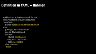apiVersion: apiextensions.k8s.io/v1


kind: CustomResourceDe
fi
nition


metadata:


name: mechanic.k8s.tideland.dev


spec:


group: k8s.tideland.dev


scope: Namespaced


names:


plural: mechanics


singular: mechanic


kind: Mechanic


shortNames:


- mech
De
fi
nition in YAML – Rahmen
 