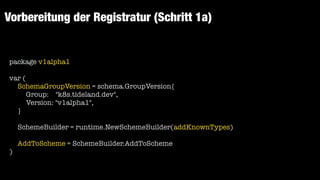 Vorbereitung der Registratur (Schritt 1a)
package v1alpha1


var (


SchemaGroupVersion = schema.GroupVersion{


Group: "k8s.tideland.dev",


Version: "v1alpha1",


}


SchemeBuilder = runtime.NewSchemeBuilder(addKnownTypes)


AddToScheme = SchemeBuilder.AddToScheme


)
 